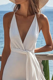 Bodycon White V Neck Side Streamer Graduation Dress