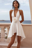 A Line White Halter Graduation Dress with 3D Flower