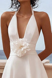 A Line White Halter Graduation Dress with 3D Flower