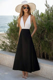 A Line White And Black V Neck Satin Formal Dress