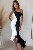 Mermaid One Shoulder Black And White Ruffled Formal Dress