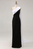 Black and White One Shoulder Sheath Plus Size Long Formal Dress with Streamer