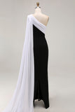 Black and White One Shoulder Sheath Plus Size Long Formal Dress with Streamer