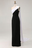 Black and White One Shoulder Sheath Plus Size Long Formal Dress with Streamer