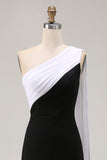 Black and White One Shoulder Sheath Long Formal Dress with Streamer