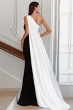 Black and White One Shoulder Sheath Long Formal Dress with Streamer