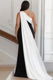 Black and White One Shoulder Sheath Plus Size Long Formal Dress with Streamer