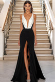 Mermaid V Neck Long Black Tie Dress with Slit