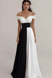 Off The Shoulder A Line Black And White Formal Dress