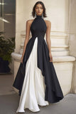 Halter A Line Ruffled Long Black Tie Dress