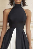 Halter A Line Ruffled Long Black Tie Dress