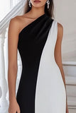 One Shoulder Black And White Long Formal Dress