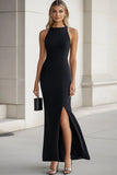 Black High Neck Sheath Sleeveless Formal Dress with Slit