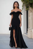 Black Chiffon Off the Shoulder Formal Dress with Slit