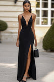Black Spaghetti Straps Formal Dress with Slit
