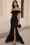 Black Off the Shoulder Ruffled Formal Dress with Slit