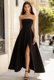 Black Strapless A Line Long Formal Dress with Slit