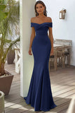 Navy Off the Shoulder Long Formal Dress