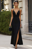 Black Spaghetti Straps Long Formal Dress with Slit