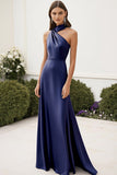 Navy Satin Halter A Line Long Formal Dress