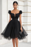 Black Tulle Short Sleeves A Line Short Cocktail Dress