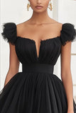 Black Tulle Short Sleeves A Line Short Cocktail Dress