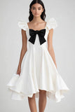 White and Black Satin Ruffled Graduation Dress with Bow