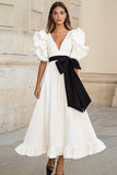 Satin Black and White Ruffled Long Formal Dress with Bow