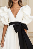 Satin Black and White Ruffled Long Formal Dress with Bow