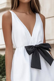 V Neck Satin Black and White Short Graduation Dress with Bow