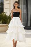 Black and White Strapless Tiered Satin Long Formal Dress