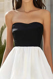 Black and White Strapless Tiered Satin Long Formal Dress