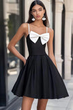 Black and White Satin Spaghetti Straps Short Graduation Dress with Bow