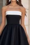 Black and White Strapless A Line Satin Short Cocktail Dress