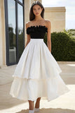 Black and White Ruffled Strapless Long Formal Dress