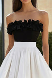 Black and White Ruffled Strapless Long Formal Dress