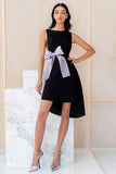 Black Satin Sleeveles Short Cocktail Dress with Bow