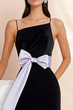 Black Spaghetti straps Satin Short Cocktail Dress with Bow