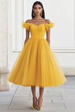 Yellow Tulle Ruffled Off the Shoulder Long Prom Dress
