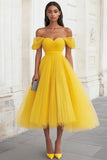 Yellow Off the Shoulder Tulle Pleated Long Prom Dress