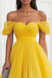 Yellow Off the Shoulder Tulle Pleated Long Prom Dress