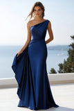 One Shoulder Mermaid Navy Ruched Formal Dress