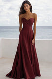 Strapless A Line Ruched Burgundy Formal Dress