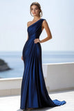 One Shoulder Navy Mermaid Ruched Formal Dress
