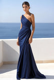 One Shoulder Navy Mermaid Ruched Formal Dress