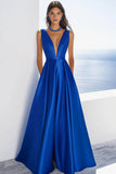 Royal Blue V-Neck A Line Satin Formal Dress