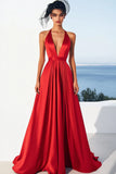 Halter Red A Line V Neck Satin Formal Dress
