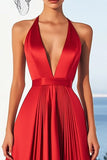 Halter Red A Line V Neck Satin Formal Dress