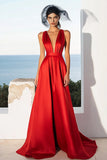 Red Satin V Neck A Line Long Formal Dress