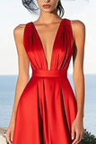 Red Satin V Neck A Line Long Formal Dress